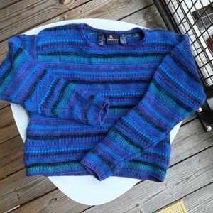 Vintage Women’s Blue and Teal Striped Crewneck Sweater